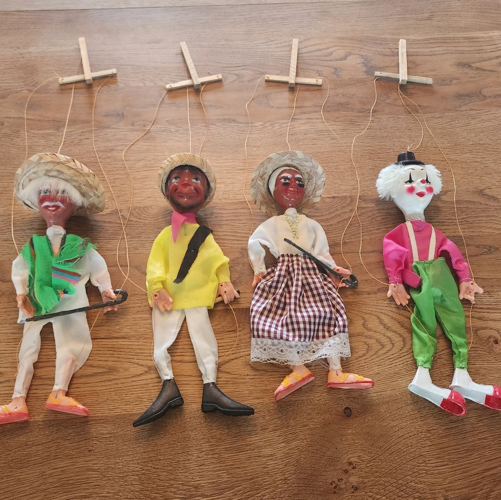 Fun & Wimsical Vintage Mexican Folk Art Paper Mache Marionettes Lot (4)